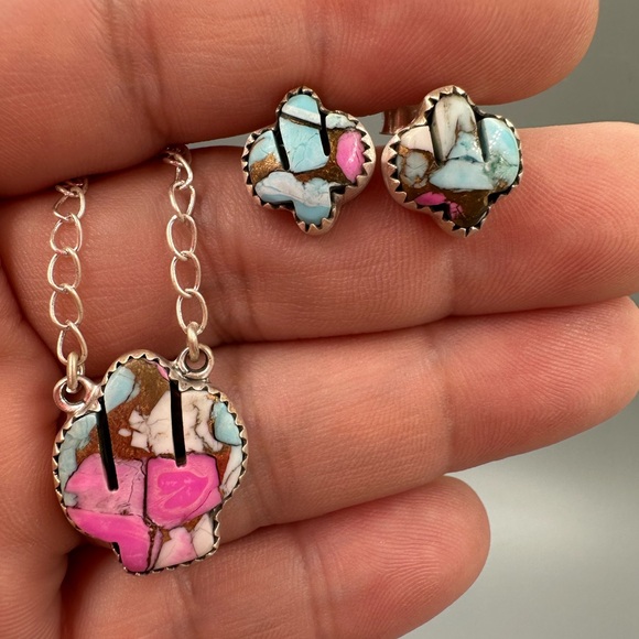 925 Sterling Silver Jewelry - 🌵 Sterling Silver 925 Cotton Candy Turquoise Cactus Necklace and Earrings Set